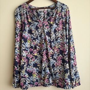 Liz Claiborne Floral Peasant Blouse XLT Navy Pink Boho Tassel Top